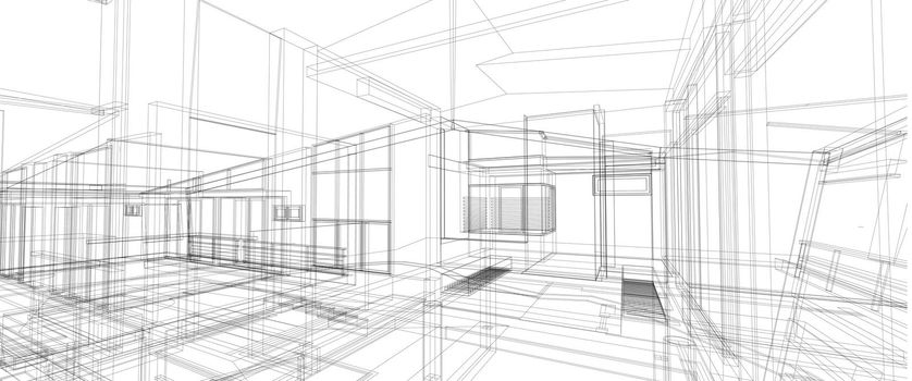 Architecture interior space design concept 3d perspective wire frame rendering isolated white background. For abstract background or wallpaper destops architecture theme interior space