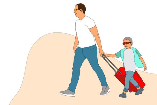Family travel. Father and son at the airport. Happy family concept. Cartoon Family, illustration