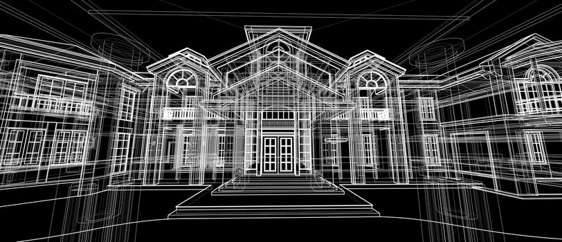 Architecture house space design concept 3d perspective wireframe rendering over black background. For abstract background or wallpaper desktops computer smart technology design architectural theme