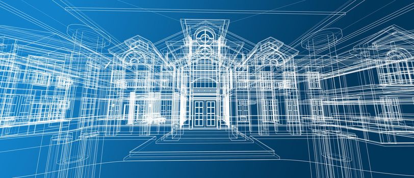 Architecture house space design concept 3d perspective wireframe rendering over blue background. For abstract background or wallpaper desktops computer smart technology design architectural theme