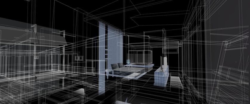 architecture interior furniture design concept 3d perspective wire frame rendering black background. For abstract background or wallpaper destops architecture theme