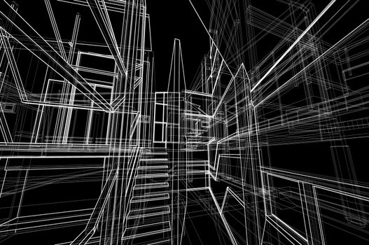 Architecture house space design concept 3d perspective white wireframe rendering isolated black background. For abstract background or wallpaper desktops computer technology design architectural theme