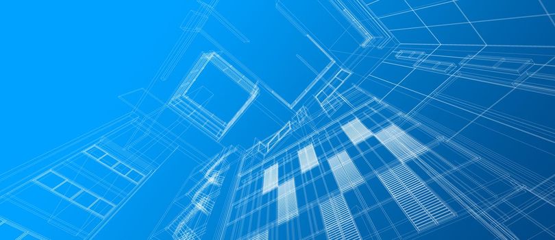 Architecture building space design concept 3d perspective white wire frame rendering gradient blue color background. For abstract background or wallpaper desktops computer technology design architectural theme.
