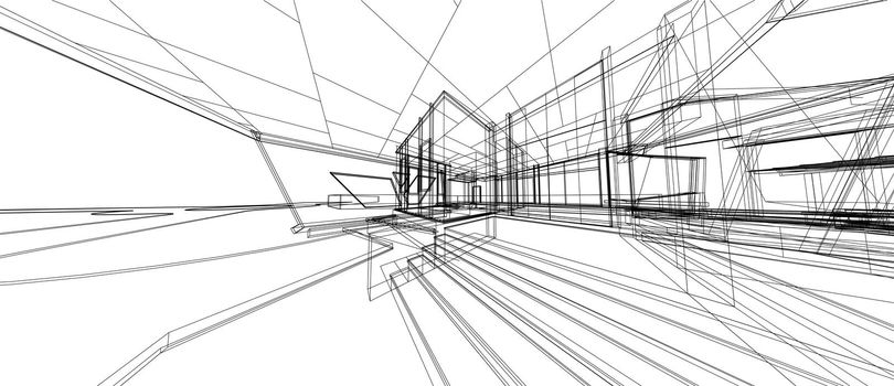 Architecture house space design concept 3d perspective wireframe rendering isolated white background. For abstract background or wallpaper desktops computer technology design architectural theme