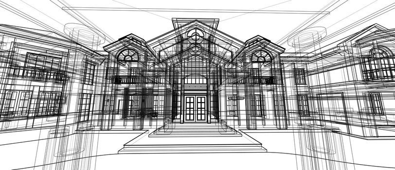 Architecture house space design concept 3d perspective wireframe rendering isolated white background. For abstract background or wallpaper desktops computer technology design architectural theme