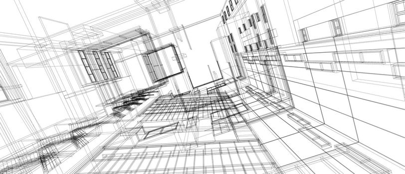 Architecture building space design concept 3d perspective wire frame rendering isolated white background. For abstract background or wallpaper desktops computer technology design architectural theme.