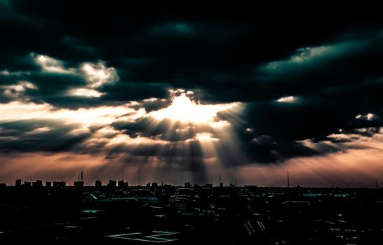 Bangkok Arial view . Rays of sunlight shine on buildings .urban cityscape