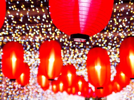 Chinese Lanterns for Chinese New Year. Blur colorful bokeh at night background.