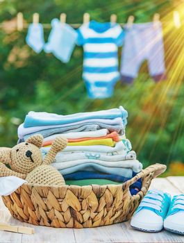 washing baby clothes. Linen dries in the fresh air. Selective focus. nature.