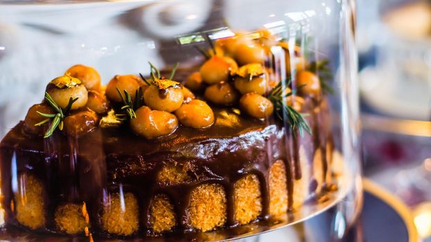 Delicious cake with peanut butter cream layer and chocolate topping. Bakery shop background. Selective focus