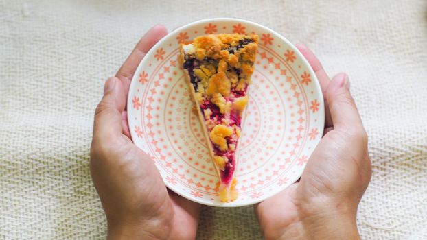 hand hold blueberry cheese cake on plate  morning breakfast