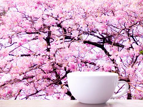 Blank White Mug Mock up on wooden table. Fresh Tree Branches with pink Leaves blur background