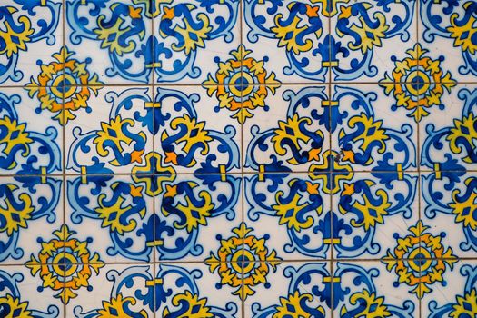 Portuguese tiles . Seamless patchwork tile with Victorian motives. Majolica pottery tile, blue and white azulejo, original traditional Portuguese and Spain decor