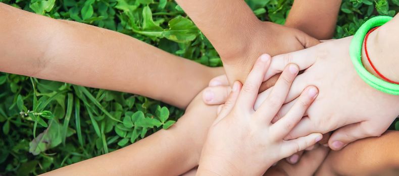 children's hands together on a background of grass. Selective focus. nature.