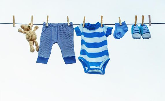 washing baby clothes. Linen dries in the fresh air. Selective focus. nature.