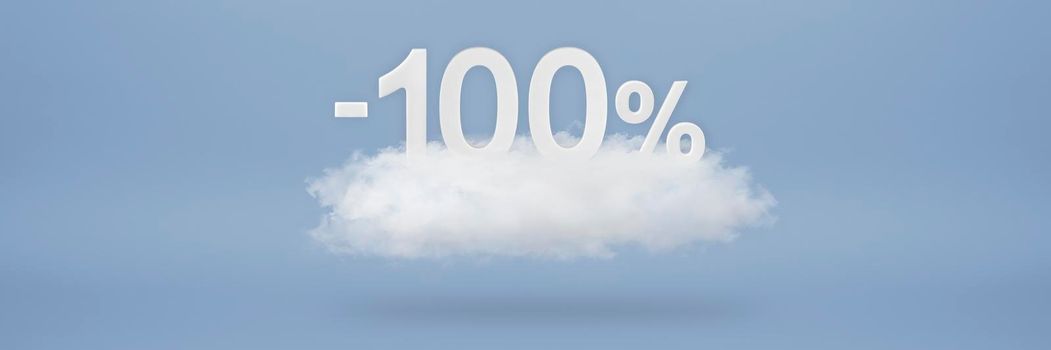 Discount 100 percent. Big discounts, sale up to one hundred percent. 3D numbers float on a cloud on a blue background. Copy space. Advertising banner and poster to be inserted into the project.