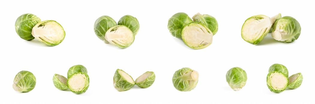 Brussels sprouts. Large set of fresh brussels sprouts in stacks on a white isolated background. Deep focus stacking