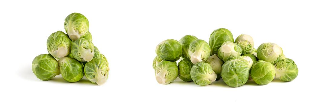 Brussels sprouts. Set of fresh brussels sprouts in stacks on white isolated background. Deep focus stacking