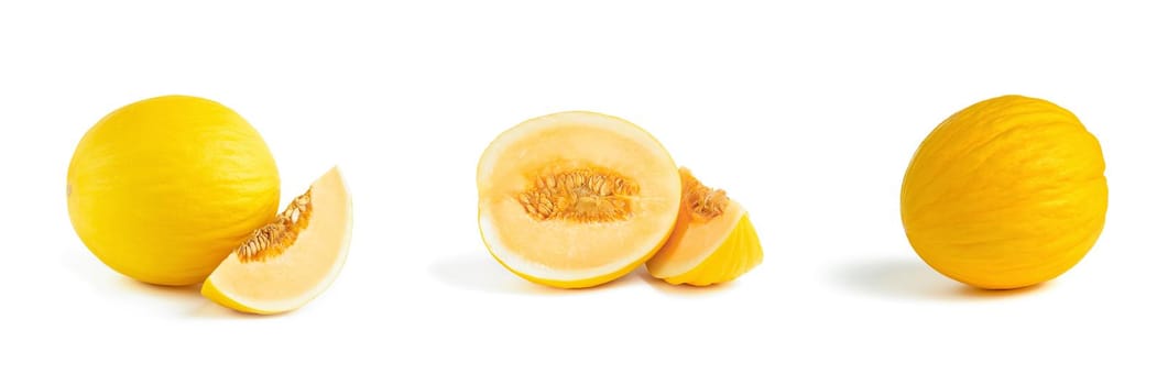 Melon big set on a white background. Yellow melon on a white isolate. Fresh juicy piece of melon with shadow on a white background. For insertion into a project, design or advertisement.