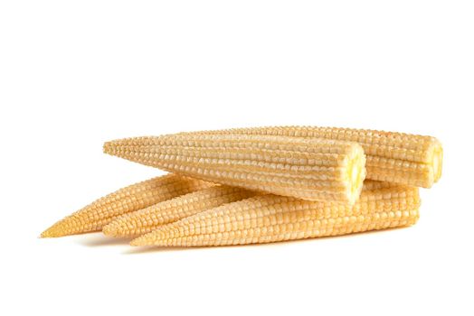 Corn on a white background. Baby corn isolated on white homogeneous background, clipping path, full depth of field
