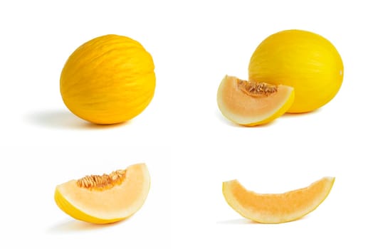Melon big set on a white background. Yellow melon on a white isolate. Fresh juicy piece of melon with shadow on a white background. For insertion into a project, design or advertisement.