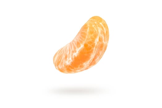 A piece of mandarin isolated on a white background, falling casting a shadow. Individual segments of tangerine slices, for inserting into a project or design