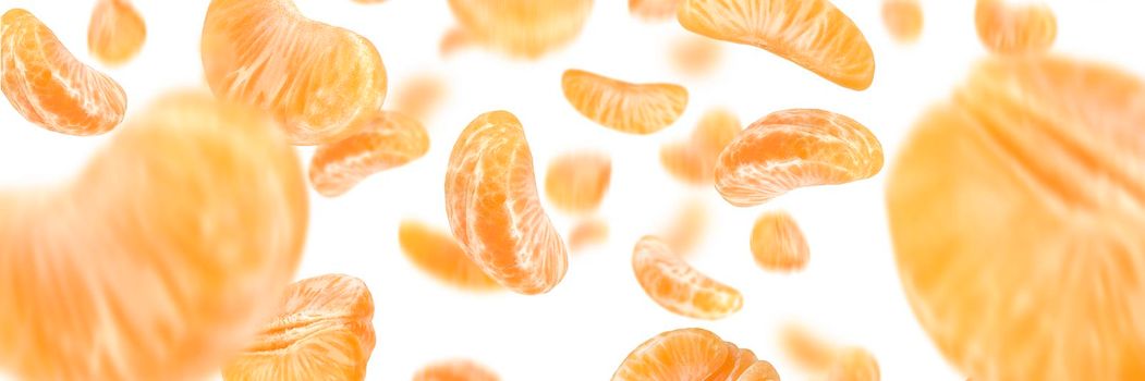 Falling tangerine, flying tangerine slices of different sizes, isolated on white background, selective focus.