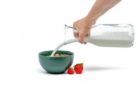 Cooking muesli, isolate on white background Woman pours milk from a jug into a saucer with muesli flakes. Large banner for print or advertising.