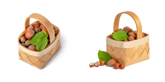 Hazelnut lies in a wooden basket on a white isolated background. Unpeeled hazelnuts in shell and green leaves.