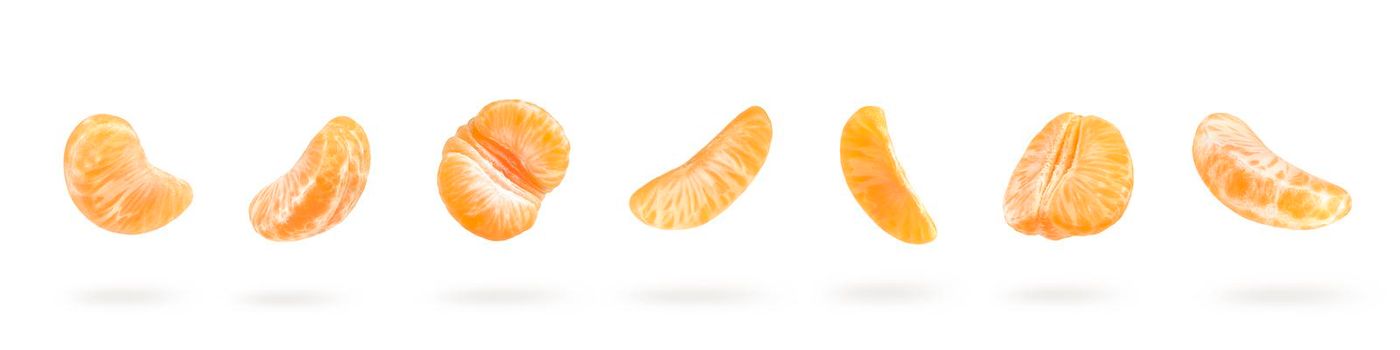 A large set of mandarin slices isolated on a white background falling down casting a shadow. Separate tangerine slices to insert into a project or design.