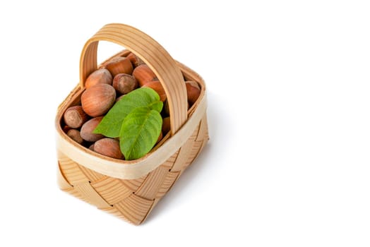 Hazelnut lies in a wooden basket on a white isolated background. Unpeeled hazelnuts in shell and green leaves.