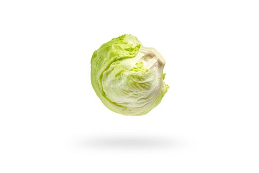 Green iceberg lettuce on white isolated background, drops casting shadow. Iceberg green salad for making popular burgers.