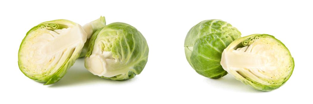 Brussels sprouts. Large set of fresh brussels sprouts in stacks on a white isolated background. Deep focus stacking