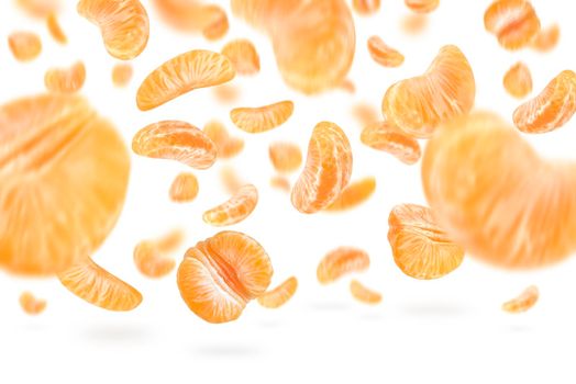 A large set of mandarin slices isolated on a white background falling down casting a shadow. Separate tangerine slices to insert into a project or design.