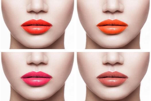 Closeup set of woman lips with different red color of lipstick. indoor isolated on white background.