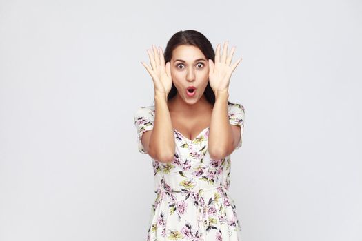 Human face expressions and emotions. Middle eastern young adult woman holding hands on her cheeks and shocked. Studio shot