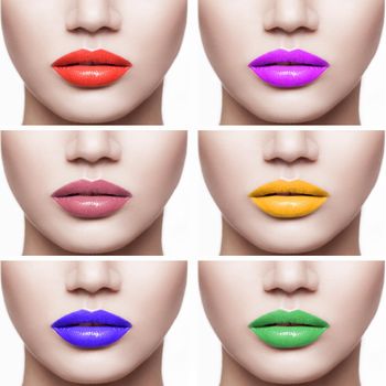 Closeup set of woman lips with different color of lipstick. indoor isolated on white background.