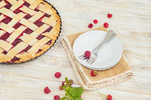 Raspberry pie on the table. Selective focus. food.