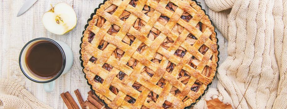 Pie with apples and cinnamon. Selective focus. Food.