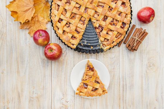 Pie with apples and cinnamon. Selective focus. Food.