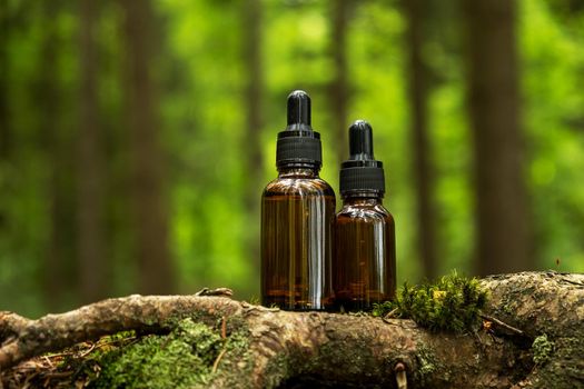 Two glass brown cosmetic containers with pipette are placed against backdrop of a natural forest. Concept of natural organic cosmetics, skin health. Selective focus..