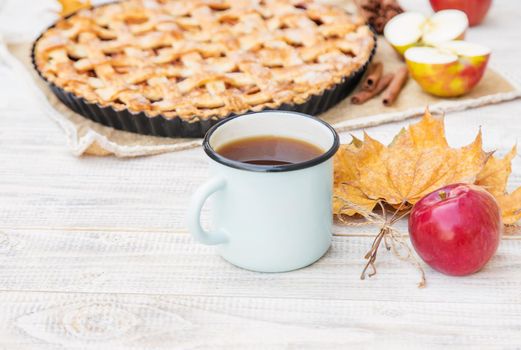 Pie with apples and cinnamon. Selective focus. Food.