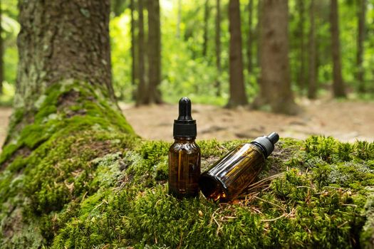 Two glass brown cosmetic containers with pipette are placed against backdrop of a natural forest. Concept of natural organic cosmetics, skin health. Selective focus..