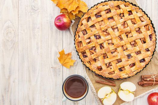 Pie with apples and cinnamon. Selective focus. Food.