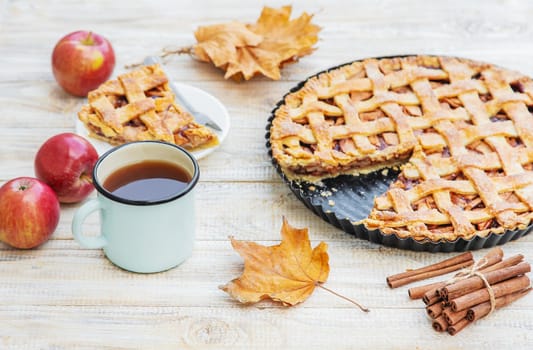 Pie with apples and cinnamon. Selective focus. Food.