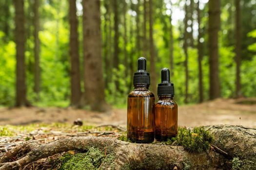 Two glass brown cosmetic containers with pipette are placed against backdrop of a natural forest. Concept of natural organic cosmetics, skin health. Selective focus..