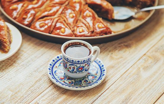 Turkish coffee and baklava on the table. Selective focus. nature.