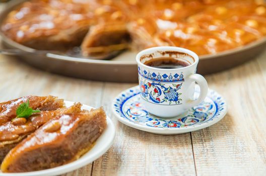 Turkish coffee and baklava on the table. Selective focus. nature.