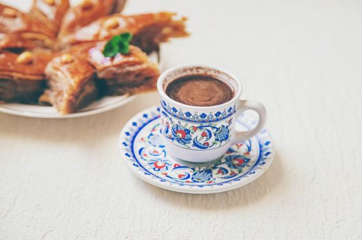 Turkish coffee and baklava on the table. Selective focus. nature.