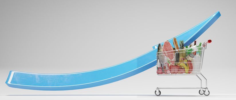 Rising food cost and grocery prices surging costs of supermarket groceries as an inflation financial crisis concept hit by as a finance graph arrow. 3D render elements